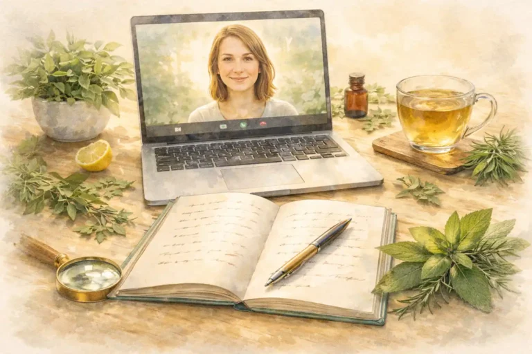 Consultation de naturopathie illustrée par un carnet fermé, une loupe et des plantes naturelles à côté d’un ordinateur ouvert en visioconférence, symbolisant le bilan holistique et l’analyse personnalisée du terrain