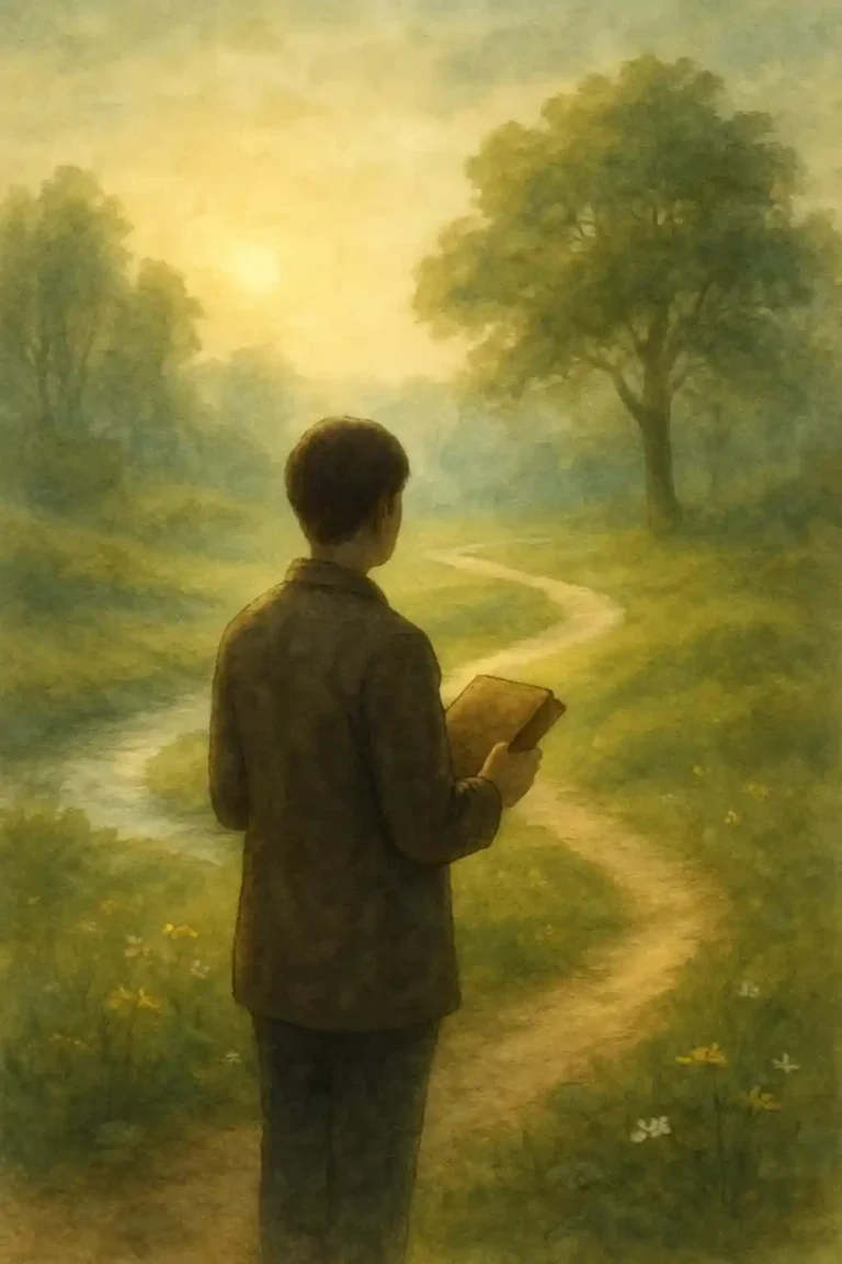 Homme tenant un livre fermé sur un chemin dans la nature au lever du soleil, symbolisant l’appropriation du savoir naturopathique et la reconnexion au vivant
