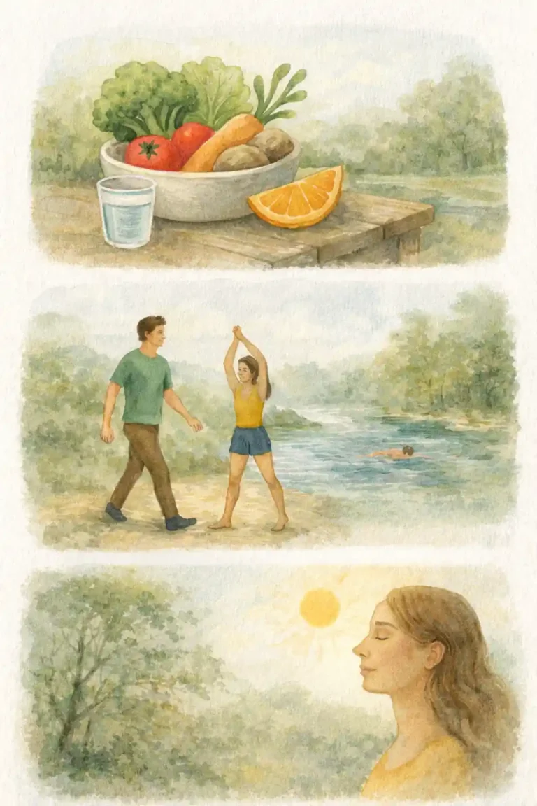 Les 3 piliers de la naturopathie : alimentation saine avec légumes et fruits, mouvement en plein air et reconnexion au vivant par la respiration et la nature