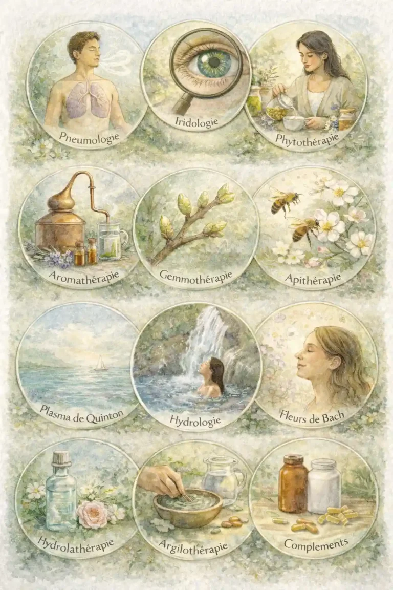 Illustration des principales méthodes naturelles en naturopathie : iridologie, phytothérapie, aromathérapie, gemmothérapie, hydrologie, fleurs de Bach et compléments