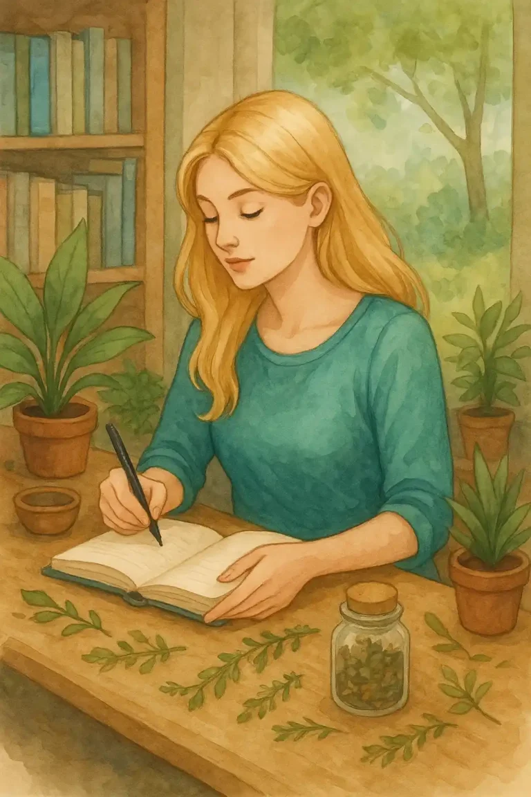Naturopathe rédigeant un bilan de vitalité entourée de plantes médicinales, illustrant l’analyse du terrain et l’accompagnement personnalisé en naturopathie