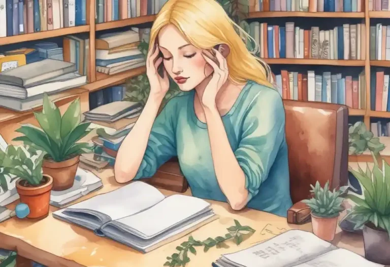 Praticienne Naturopathe en réflexion et analyse dans un bureau chaleureux entouré de livres et de plantes, symbolisant une approche naturopathique humaine, holistique et fondée sur l’étude, l’écoute et les conseils naturels personnalisés