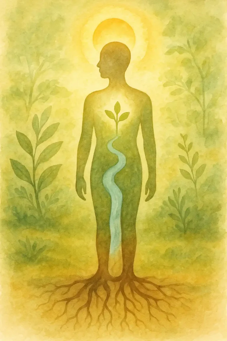 Silhouette humaine enracinée dans la nature avec une lumière solaire au niveau de la tête et un flux bleu traversant le corps, symbolisant la force vitale, les humeurs corporelles et l’approche holistique de la naturopathie