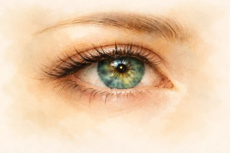 Gros plan artistique d’un iris humain aux teintes vertes et dorées, illustrant l’observation iridologique et l’analyse du terrain en naturopathie et iridologie