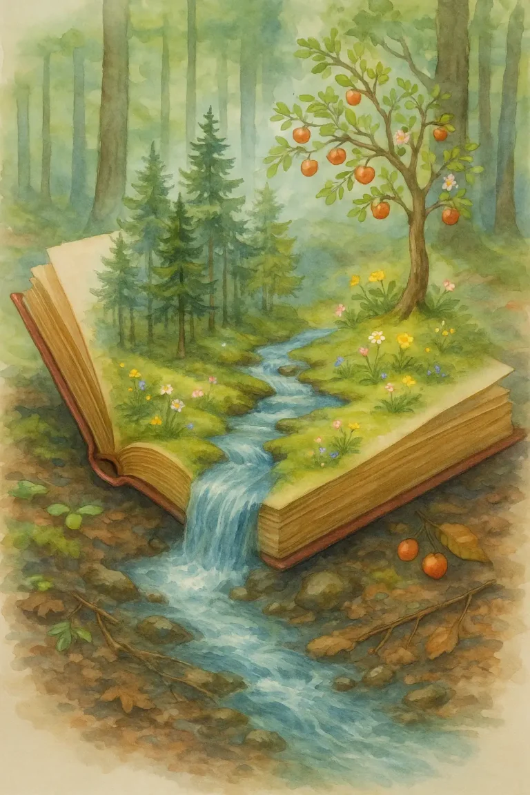Livre ouvert posé dans une forêt avec un ruisseau qui s’en échappe et un pommier chargé de fruits, illustrant la naturopathie comme le chemin de la nature, fondée sur les lois naturelles, l’hygiène de vie et le renforcement du terrain