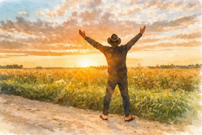 Silhouette d’une personne les bras ouverts face à un paysage aquarelle au lever du soleil à la campagne, symbolisant le suivi naturopathique, l’évolution du mieux-être et l’ajustement du terrain dans une approche holistique