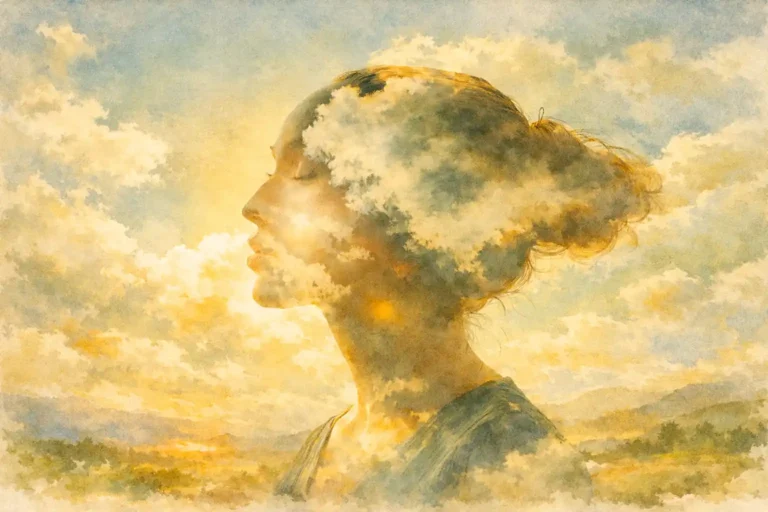 Portrait aquarelle d’une femme les yeux fermés, fondue dans un paysage lumineux et nuageux, symbolisant l’écoute, l’apaisement émotionnel et le mieux-être global